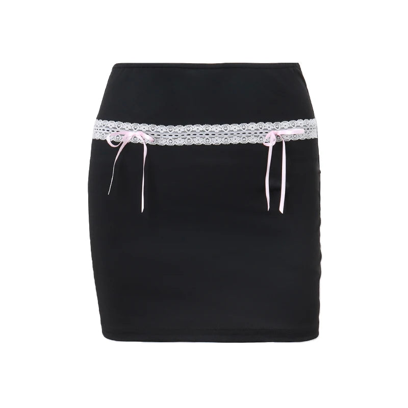 Xeemilo Chic Lace Stitch Black Skirt Y2K Bow Lace Up High-waist Hip