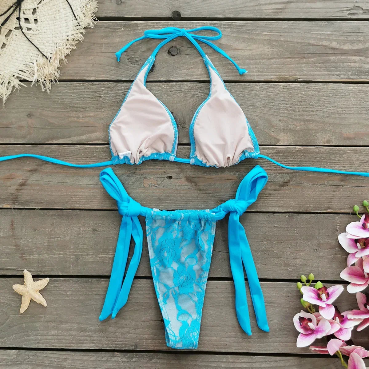 Lace Patchwork Bikinis Micro Thong Swimwear with Long Sleeve Cover Up Side Bandage Beach Bathing Suit Halter String Swimsuits