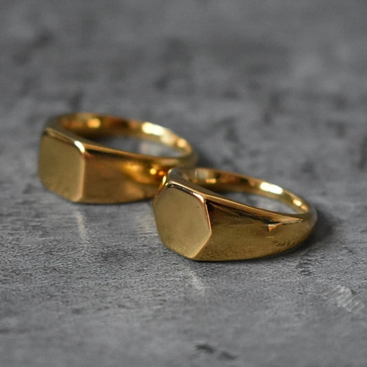 Men's Square Flat-Top Signet Ring for Men Jewelry, Stainless Steel Vintage High Polished Gold Color Round Male Jewellery Gift