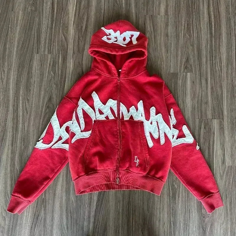 American Hip Hop Joker Pattern Embroidered Zipper Hoodie Women Street Y2K New Punk Fleece Padded Sweatshirt Unisex Casual Hoodie