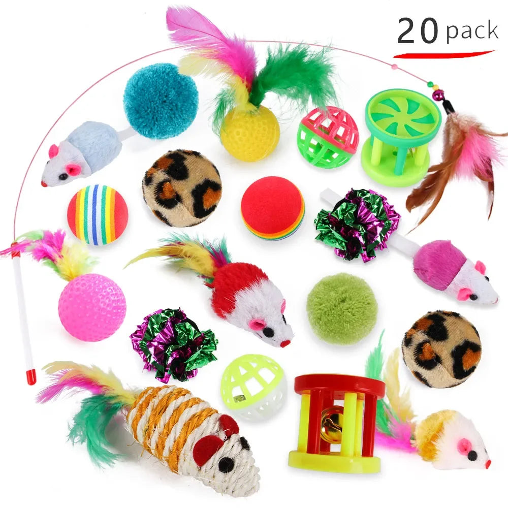 12Pcs/20 Pcs Pet Kitten Toys Variety Cat Toy Combination Set Cat Toy Funny Cat Stick Sisal Mouse Bell Ball Cat Supplies