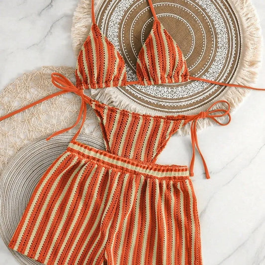New 3 Piece Vacation Swimsuit Set - Sexy Mesh Tie-Up Bikini with High Cut Bottoms for Women Multi-Color Beachwear