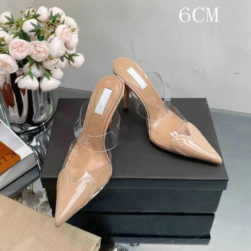 6cm/8cm/10cm High Heels Summer Transparent Sexy Patchwork Color Sandals Women'S Half Pointed Female Slippers