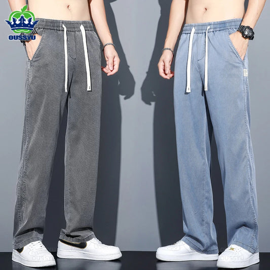 Summer Thin Soft Lyocell Fabric Jeans Men Loose Straight Wide Leg