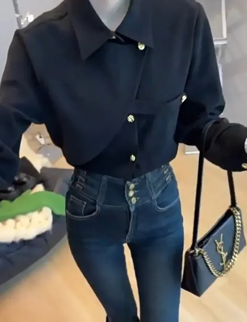 2025 New Spring Thicken Long Sleeve Shirts for Women Solid Black Front
