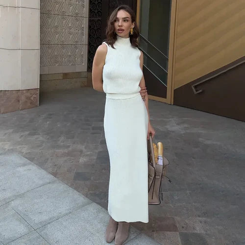 Tuularose Elegant Long Skirt Two-piece Set Women's Sleeveless Knitted