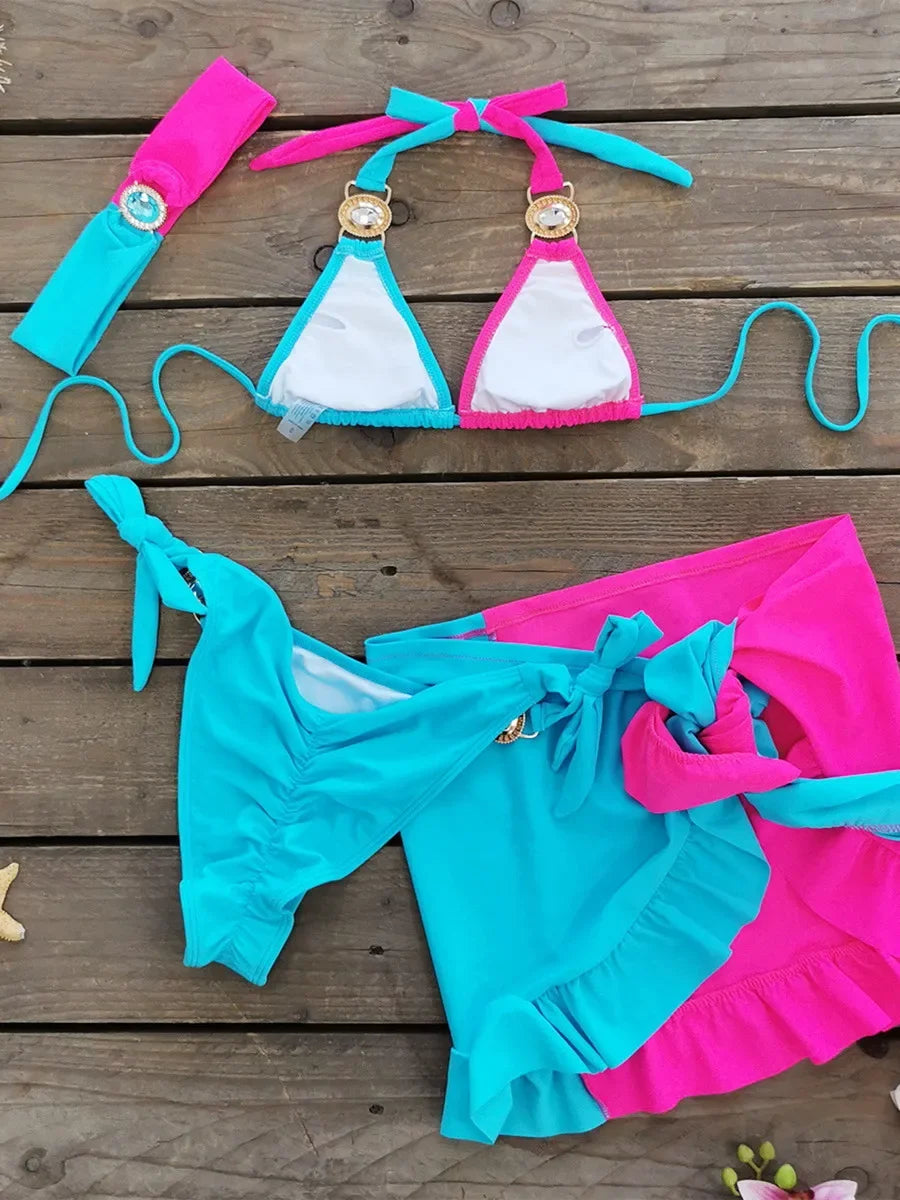 Sexy Skirt 4 Pieces Bikini Set Women Luxury Blue Patchwork Rhinestone Push Up Cover Up Swimsuit 2024 Beach Bathing Suit Swimwear
