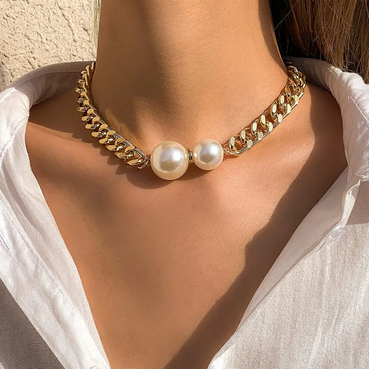Vintage Punk Cuban Chains Necklaces Women Gothic Imitation-Pearl