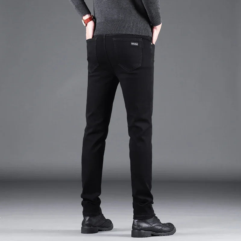 Spring Autumn New Men's Pure Black Slim Jeans Elastic Straight Pants