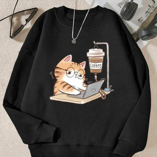 Workings Cat Computer Printing Hoodie Women Comfortable Loose Pullover Casual Soft Sweatshirt Winter Fleece Warm Woman Clothes