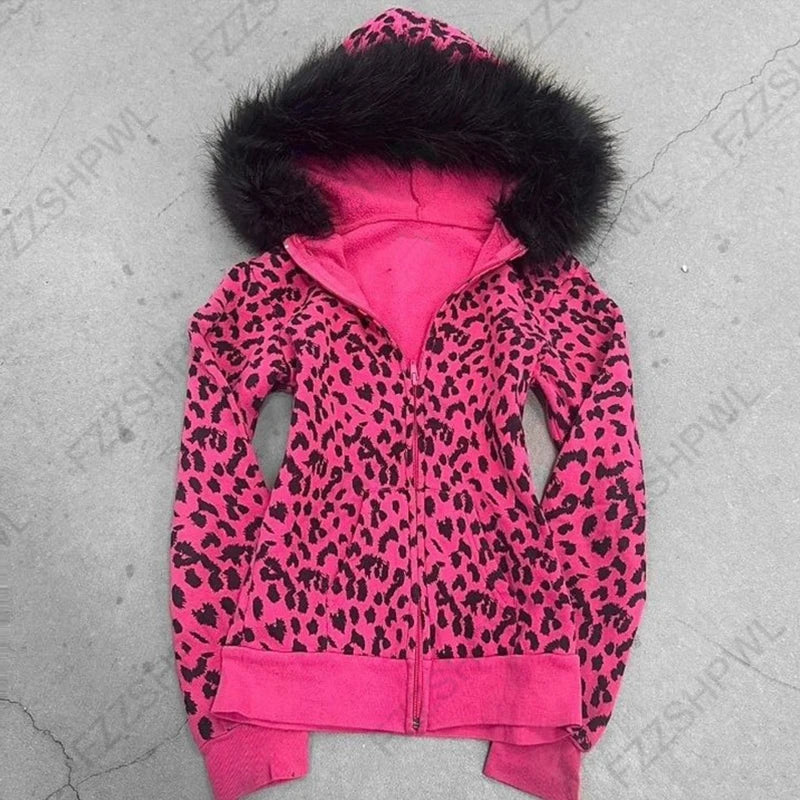 Y2K Harajuku Aesthetic Women's Fur Collar Hoodie Sexy Slim Chic Casual Solid Color Cardigan Sweatshirt Goth Punk Rock Streetwear