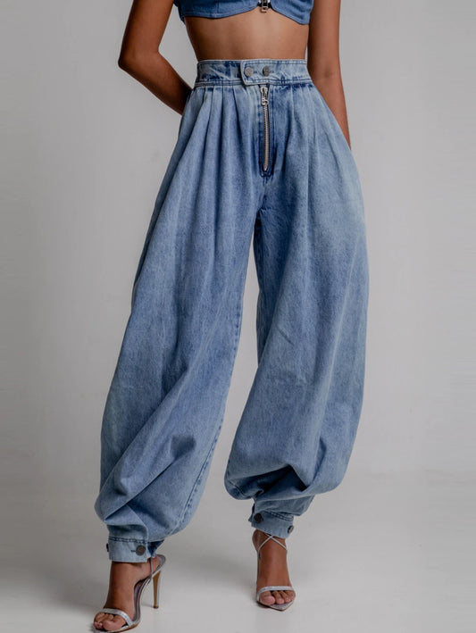 Women Spring High Waist Zipper Denim Loose Harem Trousers Jeans Female