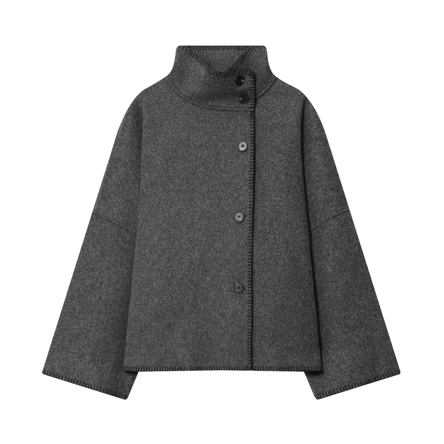 Women Wool Jacket with Wide Shoulder Autumn Vintage High Neck Long Sleeve Button Lady Coats Causal Female Chic Tops