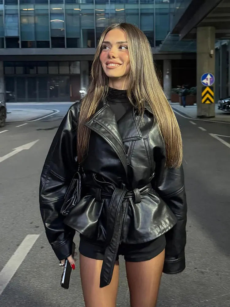 HH Women Vintage Motorcycle Jacket With Belt Faux Leather Trench Coat Long Sleeve Lapel Zipper Jacket Autumn High Street Outwear