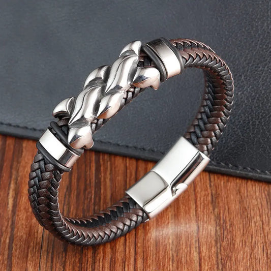 Luxury Quality Vintage Jewellery Accessories Man'S Stainless-Steel Leather Chunky Bracelets For Men