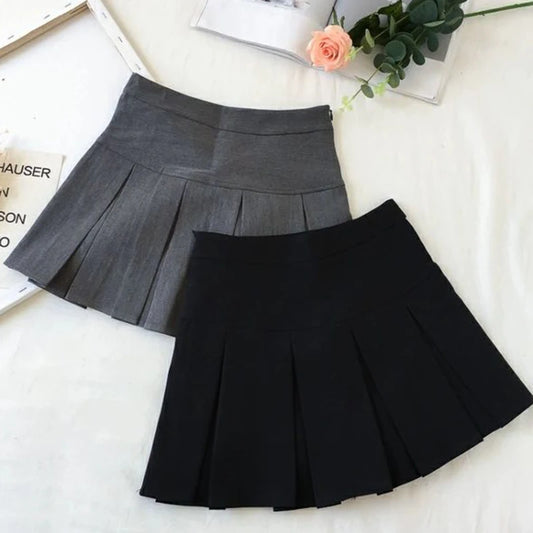 Fashion A Line Women Pleated Skirt High Waist Zipper Grey Student Mini