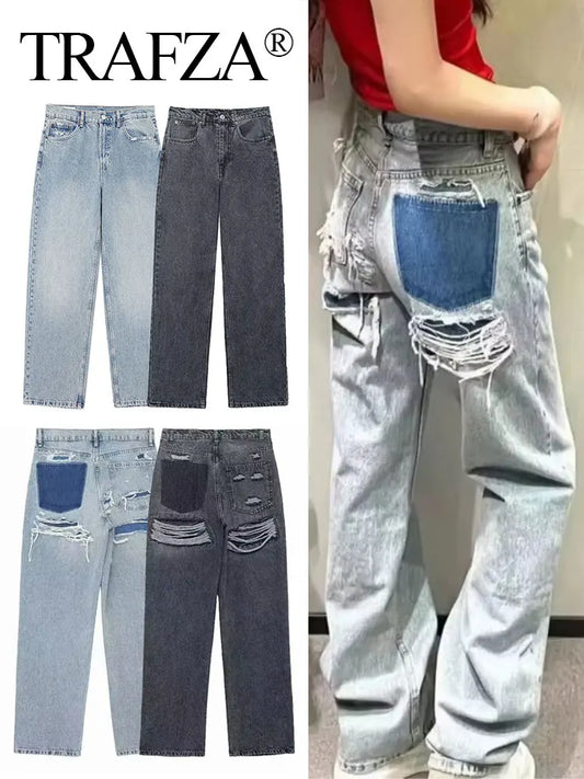 TRAFZA Jeans For Women 2024 Denim Solid Loose Zipper Fly Female Hole