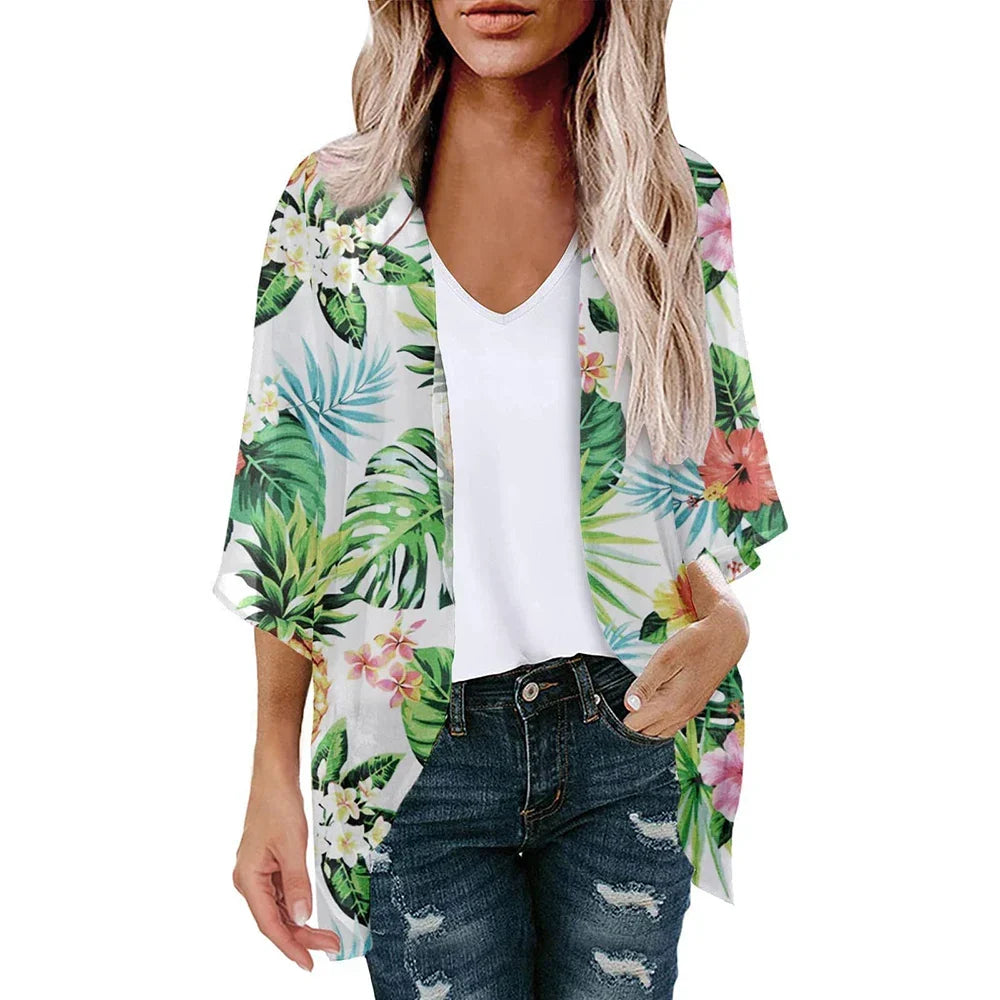 New Women Chiffon Blouse Kimono Tops Cardigan Leaves Print Beach Blouse Shawl Loose Hawaiian Outwear Swim Cover Up  Beach Wear