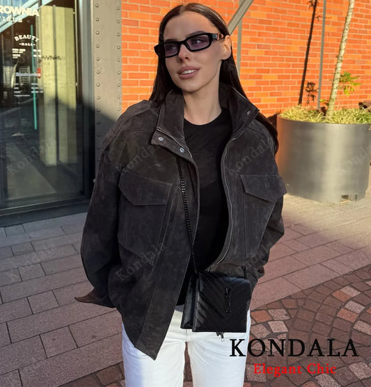 KONDALA Autumn Women Elegant Suede Jacket Stand-up Collar Grey Zipper Loose Jacket 2025 Fall Winter Streetwear Lady Jacket