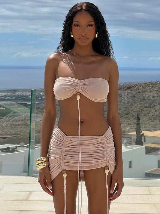 Absobe Shirring Lace-up Beading Mini Skirt Set Women’s Clothing