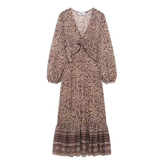 2025 Spring New Product Women's Stacked Decorative Printed V-neck Midi