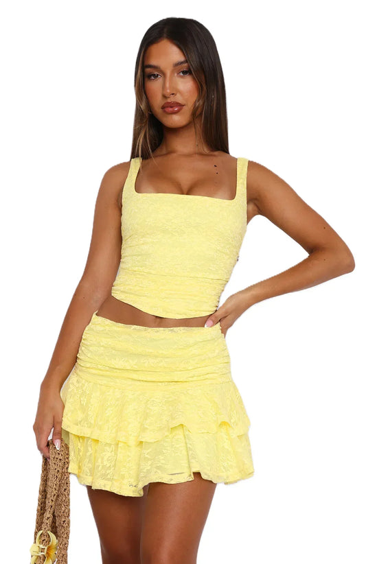 Women's Sexy Lace 2 Piece Skirts Outfits Clubwear Bodycon Sleeveless