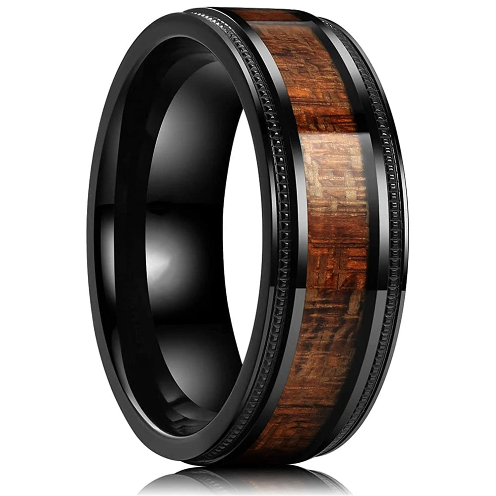 Fashion 8mm Black Stainless Steel Guitar String Rings for Men Whiskey Barrel Wood Inlay Guitarist Ring Men Wedding Band Jewelry