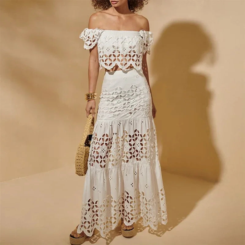 Flaxmaker Women Sexy Strapless Hollowed Bikini Swimsuit Solid Sleeveless Vest Straight Skirt Suit Female Summer Chic Casual Sets