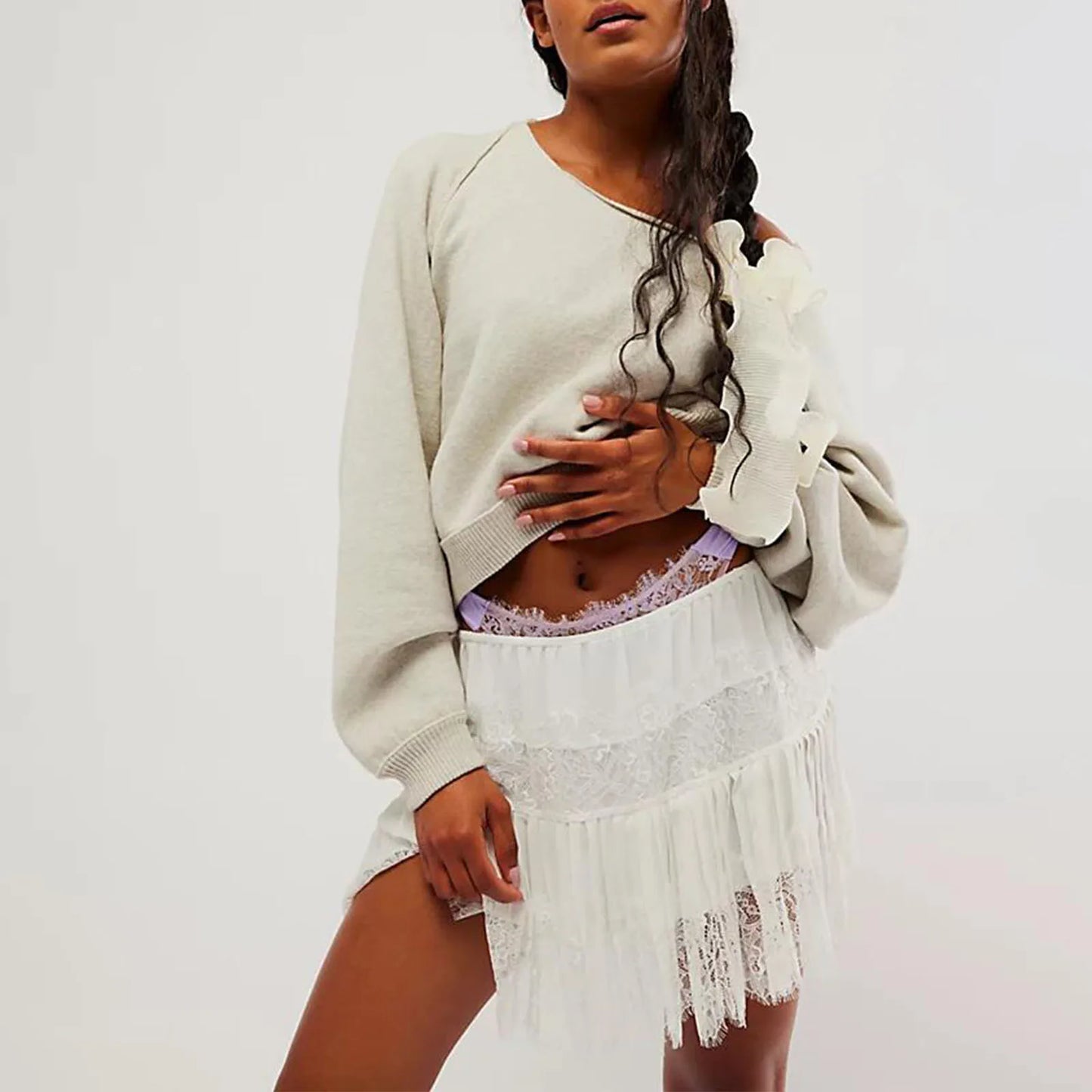 Women Y2K Lace Mini Skirt Elastic Low Rise Pleated Mini Skirt Layered