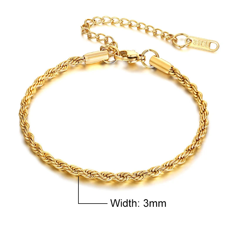 Vnox Unisex Rope Chain Bracelets for Men Women, Stainless Steel Twisted Links Chain Bracelet,Simple Classic Jewelry Gift for Him