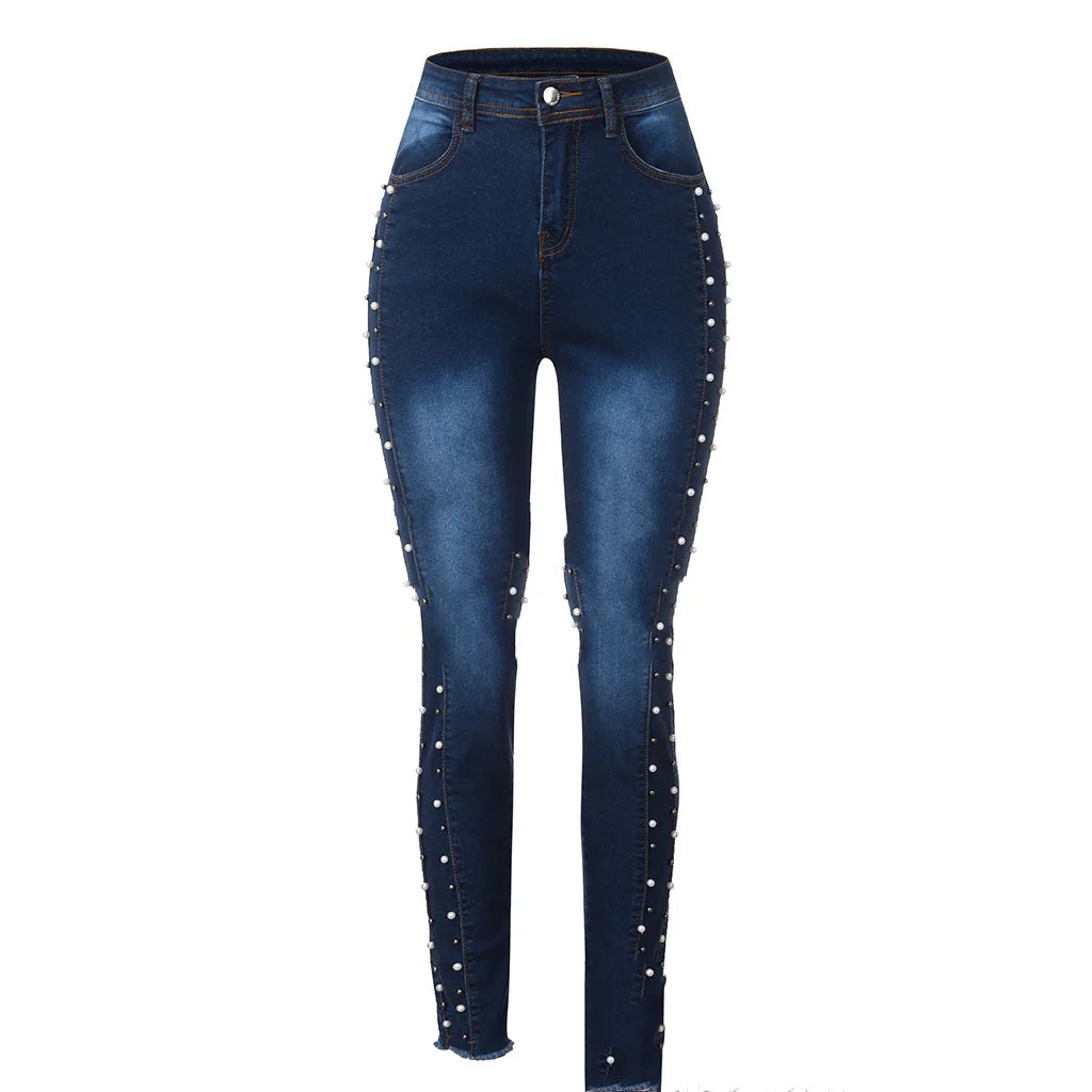 2022 Hot Sale High Waist Beaded Hip Lift Jeans For Women Fashion High