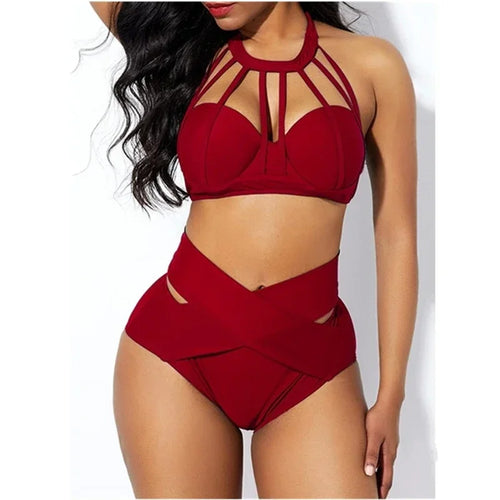 2024 High Waist Sexy Solid Color Women's Bikini Split Swimsuit Push Up