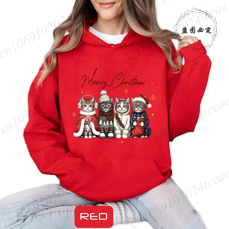 Meowy Christmas Cat Print Women Fashion Hoodies Girl Clothing Funny Merry Christmas Sweatshirts Tops Female Casual Tops Clothing