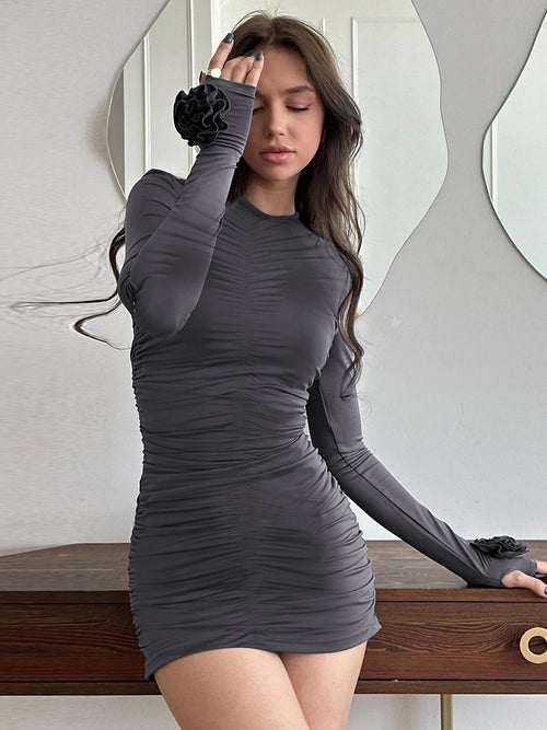 Dulzura O-Neck Long Sleeves Ruched Bodycon Mini Dress Women’S Solid