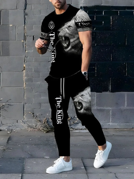 Men's Short-Sleeved T-Shirt+Long Pants 2 Sets Fashion 3D Digital Print