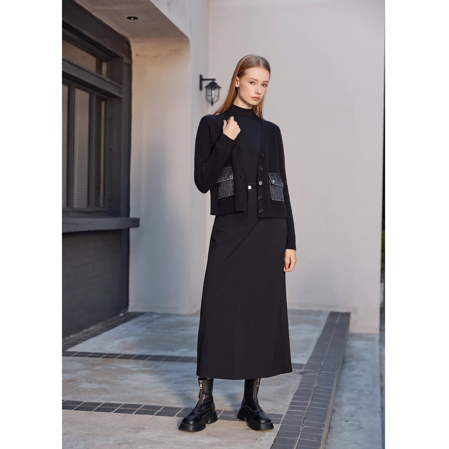 AP Women 2026 Autumn and Winter Denim V-neck Dress Knitting Cardigan Mock Neck Modal Shirt