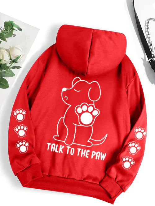 Talk To The Paw Funny Dog Cartoon Print Hoodie Women Warm Fleece Hoody