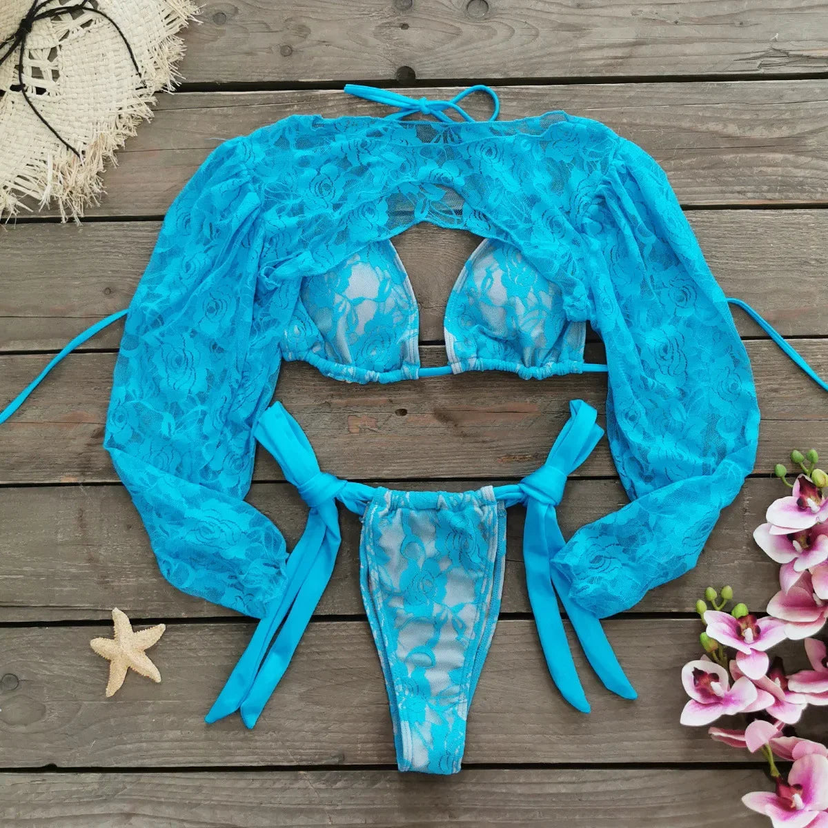 Lace Patchwork Bikinis Micro Thong Swimwear with Long Sleeve Cover Up Side Bandage Beach Bathing Suit Halter String Swimsuits