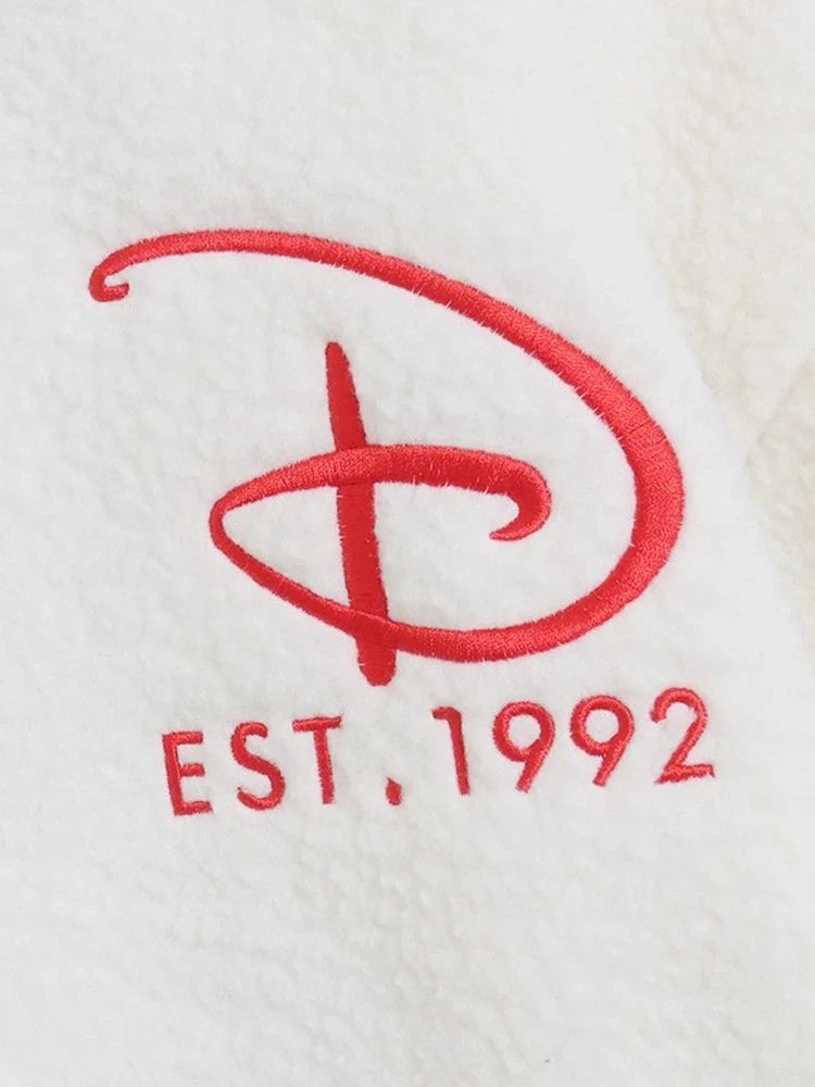Disney Minnie Mouse Letter Print Embroidery Lamb's Wool Sweatshirt Women Long Sleeve Jacket Jumper Tops White Streetwear Female
