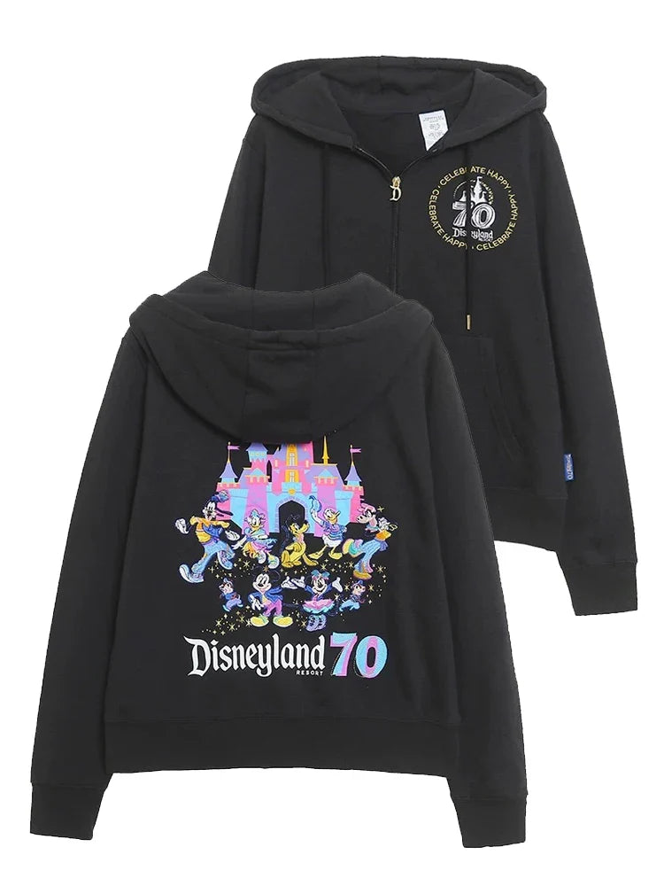 Disney World Castle Letter Magic Mickey Mouse Cartoon Print Embroidery Fleece Sweatshirt Women Hooded Zipper VELOUR Jumper Top