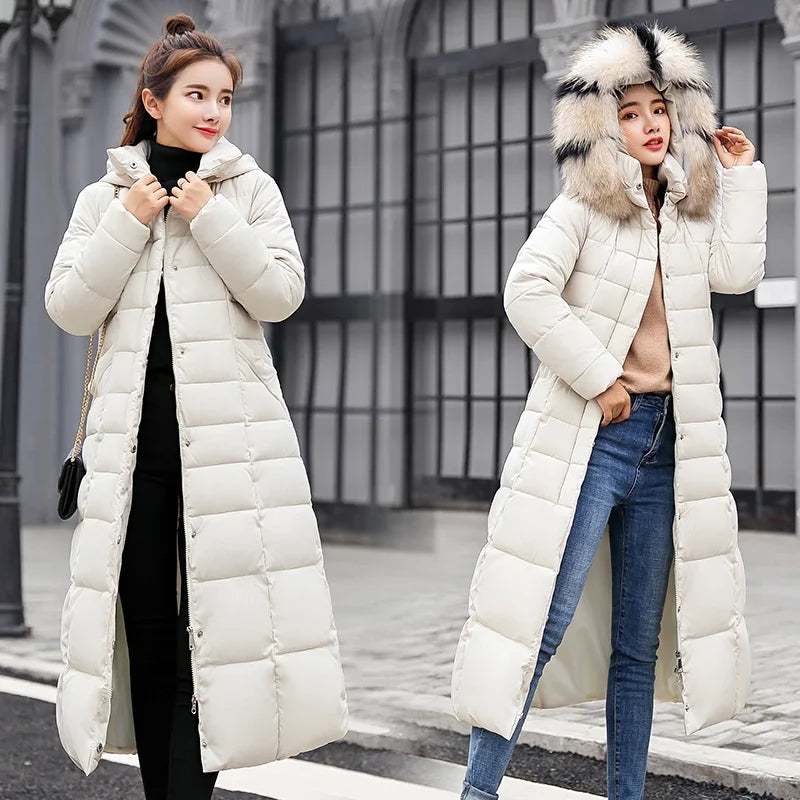 2025 Winter Women's Jacket Warm Fashion Comfortable Bow Belt Fox Fur Collar Clothes Long Dress Office Casual Women's Thick Coat