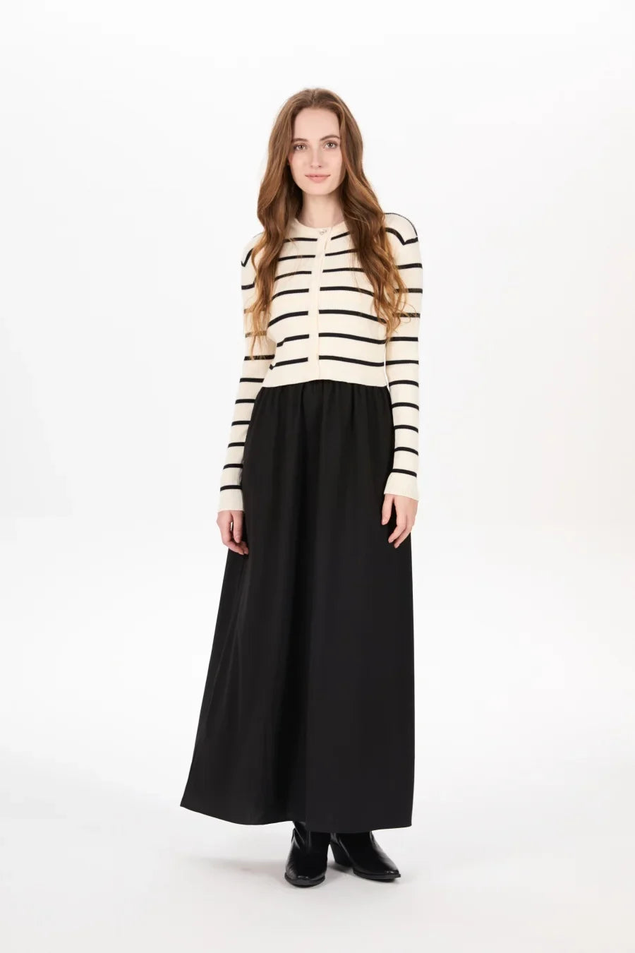 AS AW25 stripe knitting cardigan + sleeveless patch dress maxi matching set for woman clothing