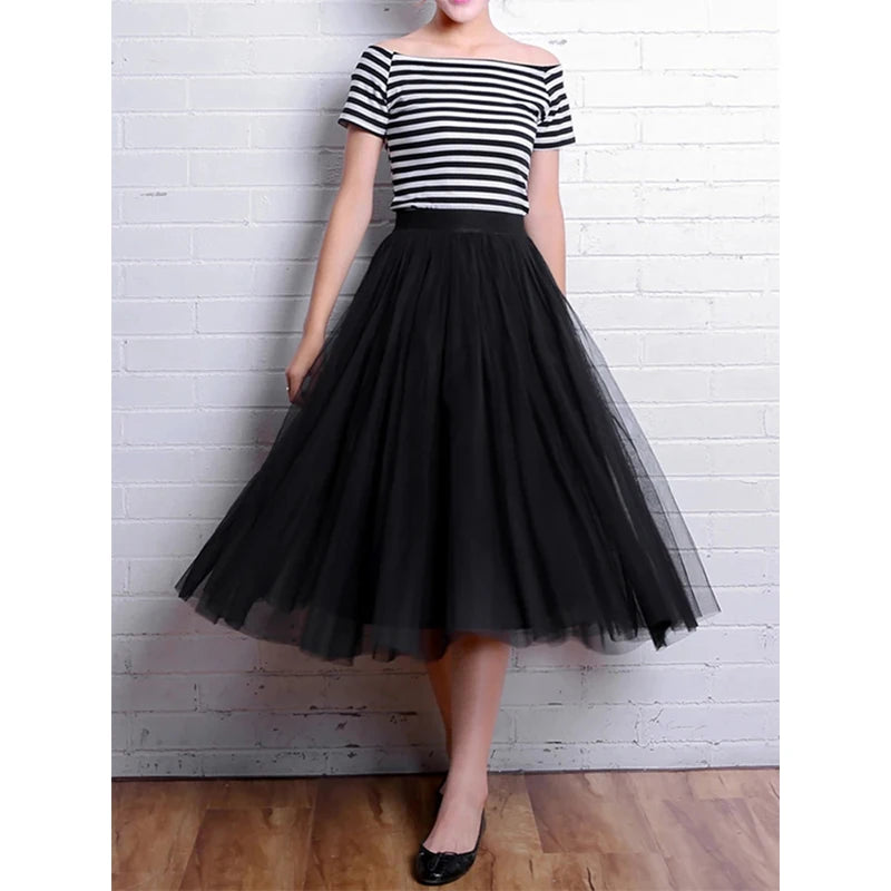 Vintage Tulle Skirt Women Streetwear Elastic High Waist Mesh Pleated