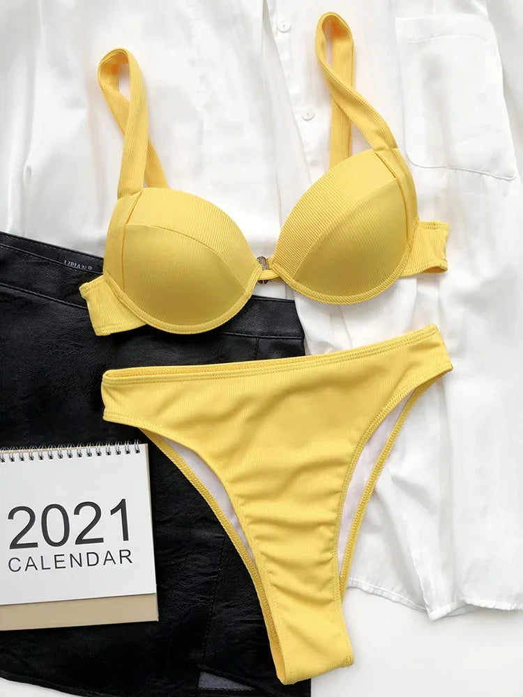 Sexy Ribbed Bra Cup High Waist Bikini Women Swimsuit Female Swimwear Two Pieces Bikini set Push Up Bather Bathing Suit Swim Lady