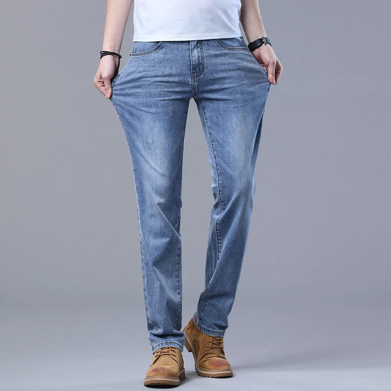 Spring Men's Light Blue Slim Jeans Stylish Casual Stretch Fabric Denim