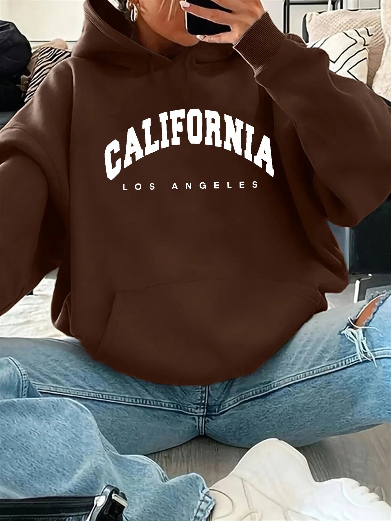 Women's autumn and winter warm and loose casual California Los Angeles pattern printed suede long sleeved hooded sweatshirt