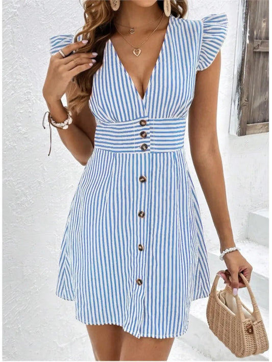 Summer V-neck Single-breasted Fly-sleeve Women’s Shirt Dresses With