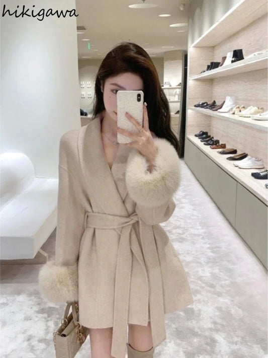 Fashion Coats for Women Patchwork Furry Long Sleeve Bandage Outwear