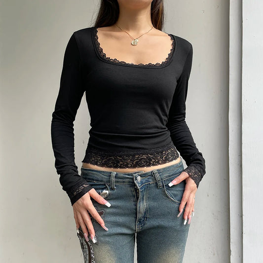 Sexy Black T-shirt Women Autumn New Lace Tees Fashion Streetwear