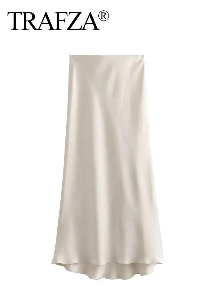 TRAFZA 2024 Y2K Casual Women Long Skirt Spring Elastic High Waisted